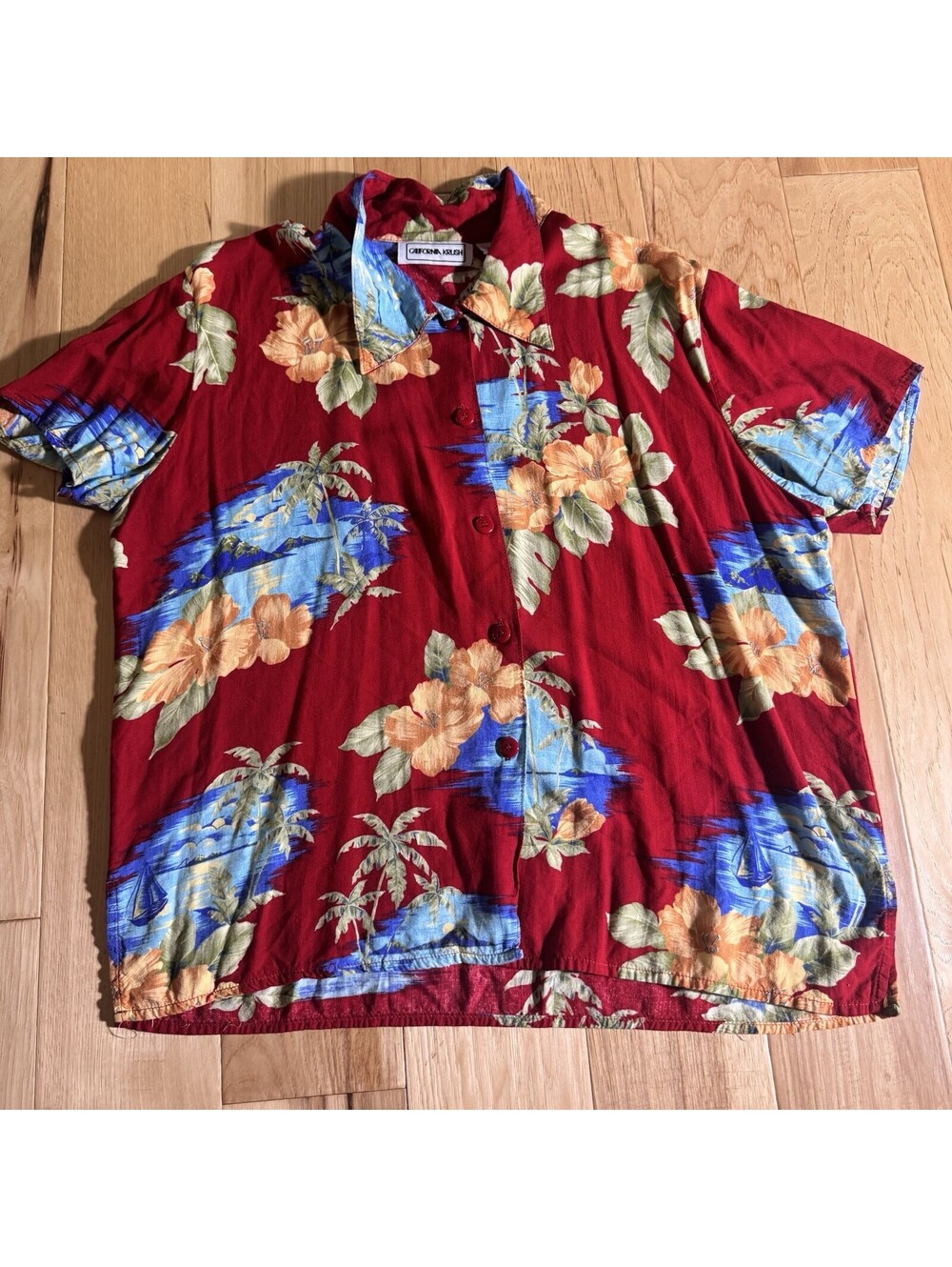 California Krush Hawaiian Aloha Shirt Women XL Red Floral Tropical Button Front